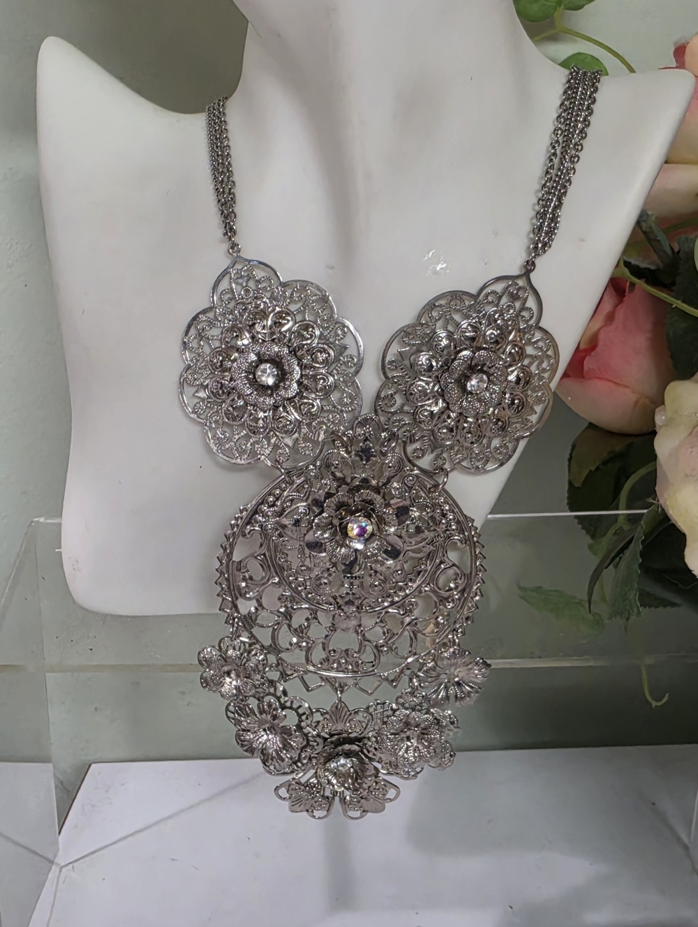 TRUE VINTAGE Silver VICTORIAN Floral Filigree Statement Necklace W AB crystals - Picture 4 of 10